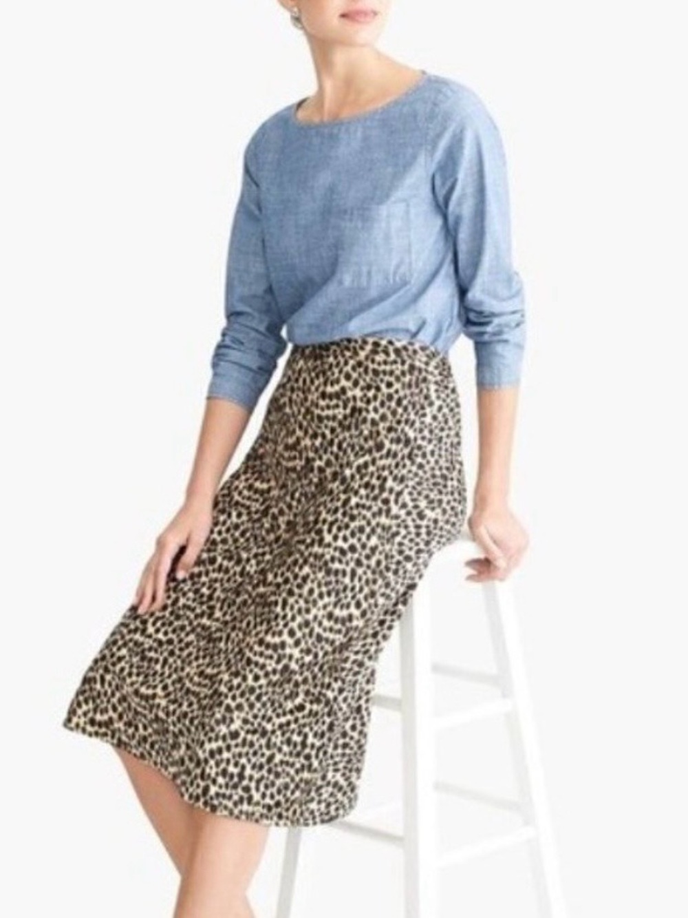 J.Crew  Leopard Print Pull On Elastic Waistband A-Line Midi Skirt - Brown - Picture 2 of 4